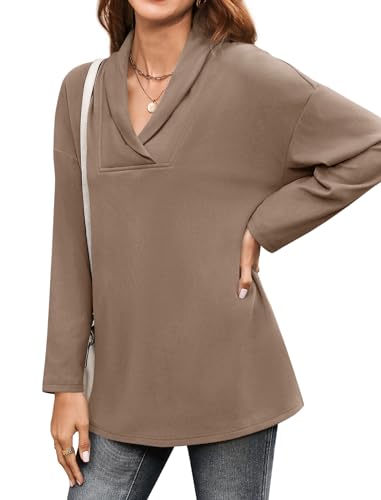 Image of Women's Long Sleeve Tops Fall Shawl Neck Tunic Tops for Leggings Casual Blouse Sweatshirt