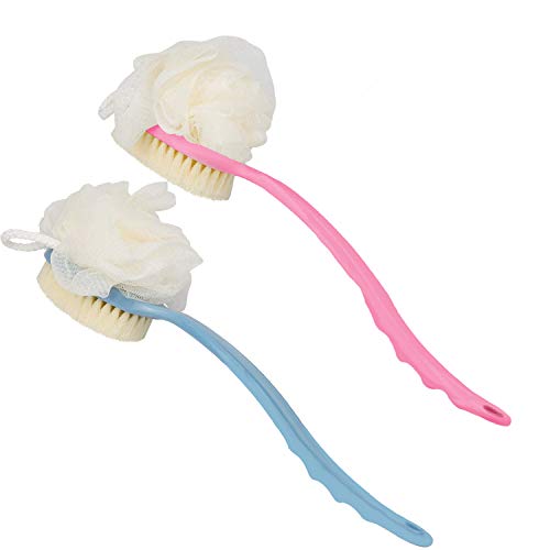 2 in 1 brush shower, 2Pack Back Brush with Loofah Brushes for Bath or Shower 1 Blue and 1 Pink with Long Handle Body Scrubbing,Wet or Dry Brushing Back Scrubber for Couples,Familiy or Close Friends