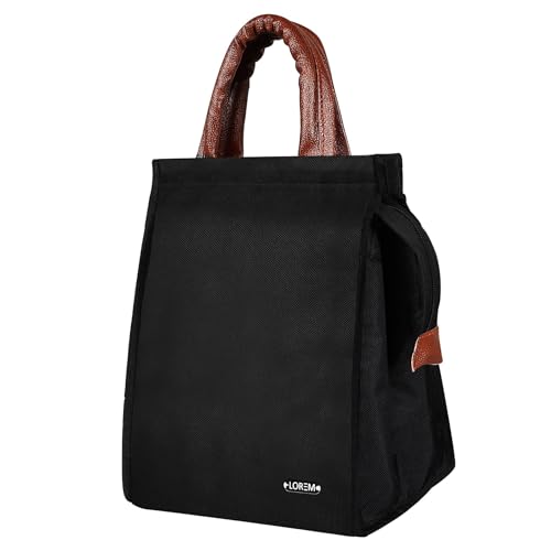 Image of LOREM Faux Leather Black Color Insulated Lunch Tote with Handle, Waterproof Reusable Lunch Bag for School, Office, Camping, Outdoor Activities (Blue), 8.5 Litre