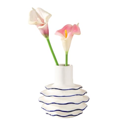 Fiozwea 陶器の花瓶 水耕栽培 植木鉢 北欧風 ストライプ クリエイティブ リビングルーム ホームデコレーション 装飾品 (B)