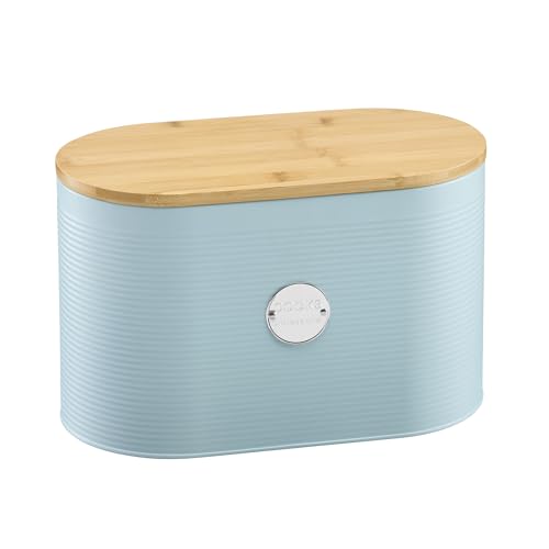 Cooks Professional Ribbed Bread Bin with Linen Bag & 2-in-1 Bamboo Cutting Board Lid | Modern, Stylish & Breathable Countertop Food Storage Canister for Loaves, Rolls, Pastries | Blue & Silver - Image 4
