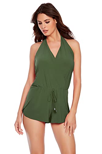 Magicsuit Women s Magic Solids Bianca Surplice Swim Romper Olive 12