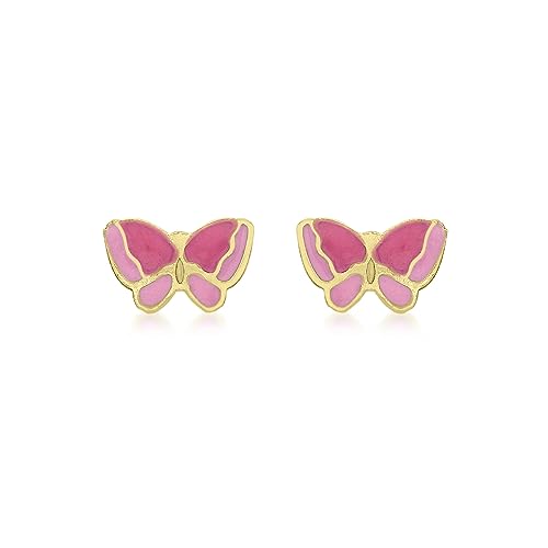 Boucles d'oreilles or jaune 9 ct papillon rose rouge raffinement féminin