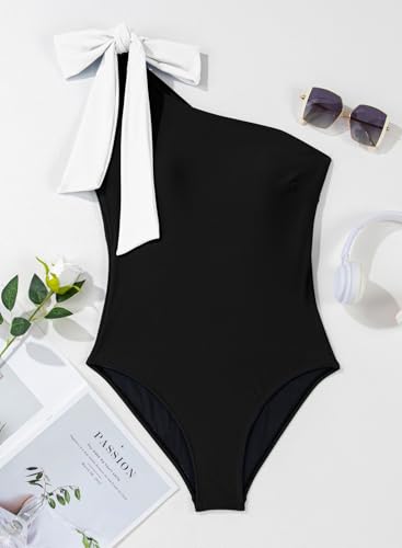 Herseas Women One Bow Shoulder One Piece Swimsuit Asymmetric Cutout Bathing Suit4