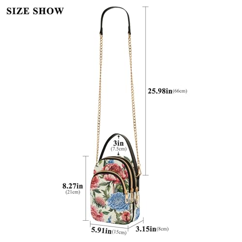 Rose Peony Pink Blue Florals Single Shoulder Handbags Chain Wallet Cell Phone Purse Floral Print Zipper Bowler Tote Ladies Satchel, 5.9" × 8.3" × 3.1"3