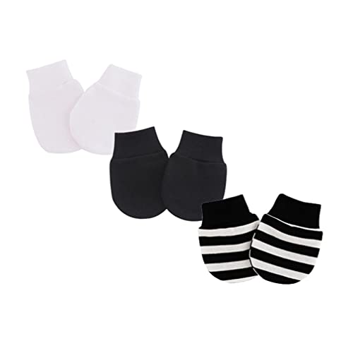 Fasund 3 Pairs Newborn Baby Cotton Mittens Solid Color No Scratch Infant Toddler Gloves For Boys Girls White,Black,Stripe #TOP4