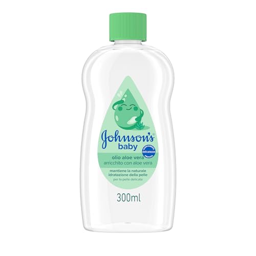 Johnson's Baby Olio Aloe Vera 300 ml, Olio neonato idratante per la pelle delicata, Johnson's Baby Oil con Aloe Vera per aiutare ad alleviare la secchezza, Dermatologicamente testato