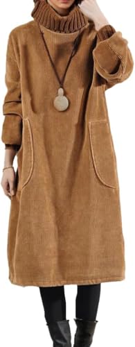 Damen Cordkleid Winter Fleece Dickes Kleid Langarm Rollkragenpullover Warmes Langes Kleid In Übergröße Mit Taschen, Blue, L