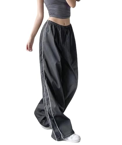 CUTEGAL Y2K Parachute Pants Side Stripe Baggy Track Pants Elastic Waist Wide Leg Trousers Oversized Jogger Streetwear