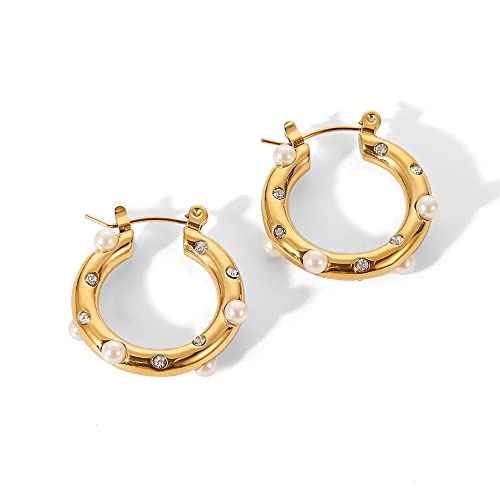 18K Gold Pearl and Moissanite Hoop Earrings, Vintage and Delicate Earring Design, Fashion Jewelry Gift