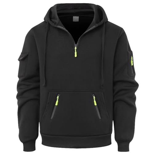 Sweat à capuche cargo homme noir M à quart de zip et poches multiples - 4