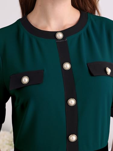 Image of Hobemty Women's Short Sleeve Pleated Dress 2025 Trendy Contrast Color Casual Work A-Line Midi Dresses