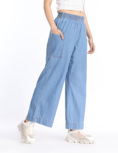 Image of INKD Women's Wide Leg Jeans - High-Rise | 100% Cotton| Enzyme Wash | Elasticated Waistband | Jeans for Women (Available in Plus Sizes)