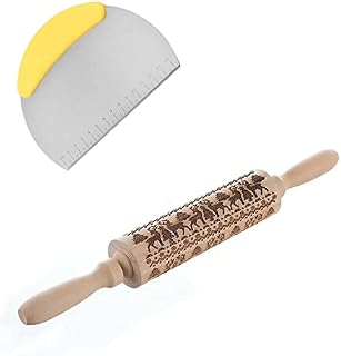Rolling Pin Embossing Rolling Pin 100% Wooden 3D DIYplaydoughrolling Pin Embossed Carving Roller for DIY Tools, Fudge Cake Dough Cookie Baking and More (35cm) (Christmas Tree and Font)