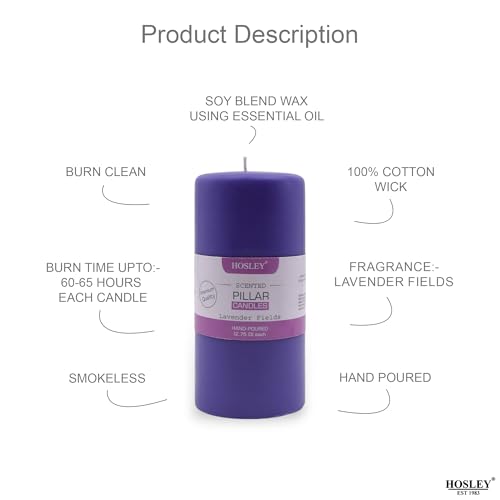 Image of HOSLEY 6 Inch Long Lavender Fields Fragrance Purple Pillar Candles| Soy & Paraffin Wax Candles for Home Decor, Party, Wedding, Gifting|90 Hours Burn Time|2.75 Inch Diameter(Pack of 1)