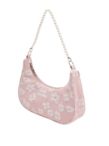 SweatyRocks Women's Pearls Chain Top Handle Shoulder Bags PU Leather Zipper Hobo Bags Clutch Purses