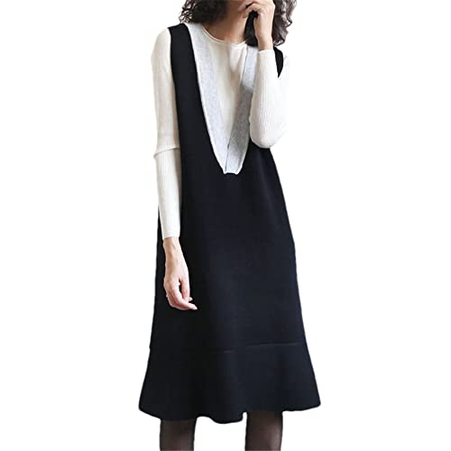 Cashmere Knitted Color Block Sweater Vest Sleeveless V-Neck Sweater Midi Dress,Black-L