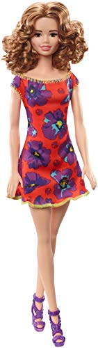 Barbie GBK92 Doll, Light Auburn Curly Brunette Wearing Red and Purple Floral Dress