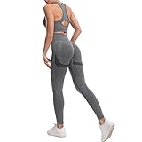 JOJOANS Damen 2-teiliges Nahtloses Trainingsanzug Yoga Outfit Jogginganzug Set Freizeitanzug(Grau, M)