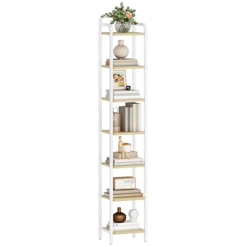 Hzuaneri Librería de 7 Niveles, Estantería Estrecha para Libros, Estantería Esquinera Industrial, Emite para Oficina, Estudio, Sala de Estar, Dormitorio, Roble Blanco y Blanco BC24816W