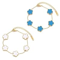 2 Stück Kleeblatt Armband,Kleeblatts Kette Kleeblatt Schmuck 18K Goldplattiertes Vierblättriges Kleeblatts Armband Luxuriöses, Modische Exquisite Freundschaft Glücksschmuck (Blau, Weiß)