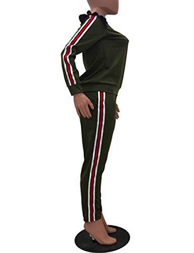 Women's 2 Piece Striped Patchwork Outfits Ruffle Sleeve Sweatshirt And Pants Sweatsuits Set Tracksuits Army Green L #TOP4