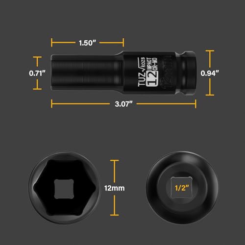 Image of 1 /2 Inch Drive 12mm Deep Metric Impact Socket,CR-MO,6 Point Radius Corner Design,Square Chamfered Opening,Axle Nut Impact Grade Socket for Easy Removal