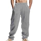 Pantalones de lino para hombre, casuales, ligeros, pantalones de lino para verano, playa, correr, pantalones holgados con cordón y bolsillos, gris, XL