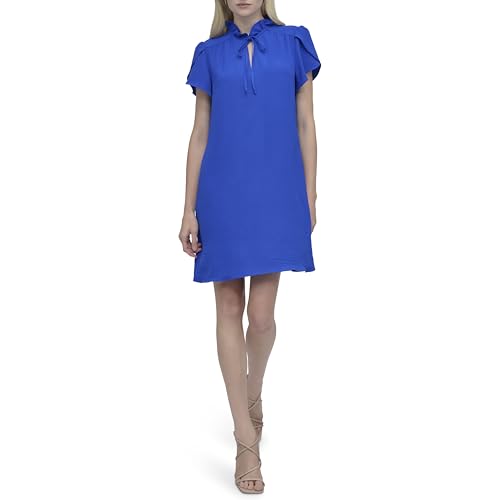 Image of DKNY Women's Front Tie Ruffle Neckline Trapeze Dress