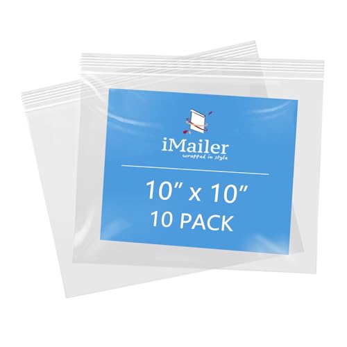 iMailer - 10" x 10" 10 Pack - 2 Mil Resealable Zip Bags - Clear Plastic Bags with Zip Top Lock for Storage, Organizing, Crafts, Travel