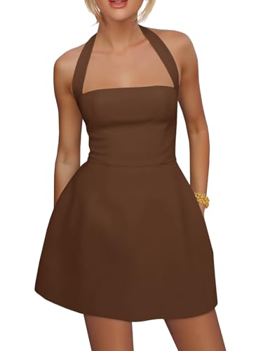 Image of Yousify Womens Sexy Halter Mini Dress Summer Backless Square Neck A Line Flared Club Party Dresses