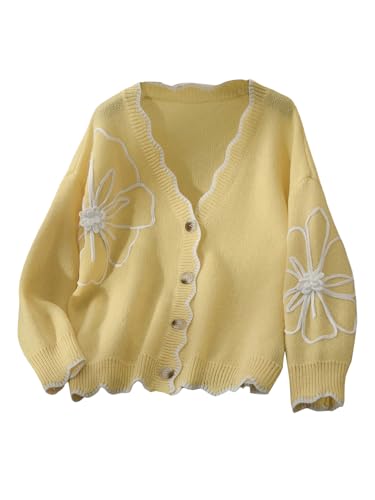 WDIRARA Women's Plus Size Floral Cardigan Sweater Button Down Scalloped V Neck Knitwear