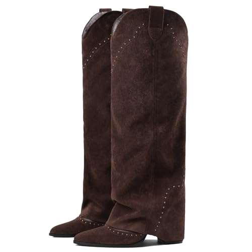 Image of EQAUDES Knee High Boots for Women Tall Cowboy Cowgirl Fold Over Shark Boots | Snip Toe, 3.5'' Block Heel, Hidden Zipper, Studded Desgin, Festival Boots, Slouch Boots for Party, Travel and Formal Outfits