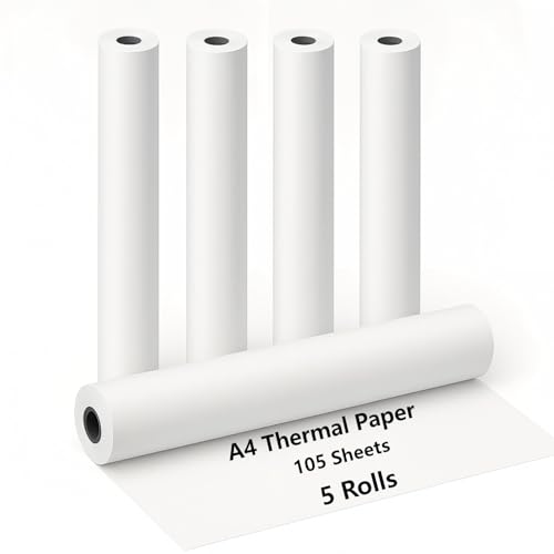 5 Rollos Papel Termico Impresora A4, Papel Impresora Térmica, Papel Térmico A4, Papel de Impresión Térmica, Sin BPA, Secado Rápido, para Documentos, Facturas y Fotos, 21cm x 6.2m, 21 Hojas/Rollo