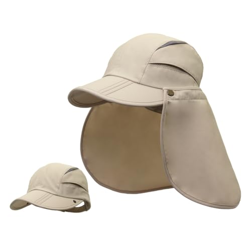 Image of Magracy Mens Womens Outdoor Wide Brim Sun Cap Mesh UPF50+ Neck Flap Hat Quick Dry Fishing Hats Khaki
