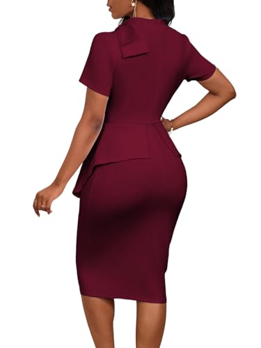 Image of WanMem Women Formal Bodycon Peplum Cocktail Dress Short Sleeve Bow Ruffle Pencil Party Midi Dresses
