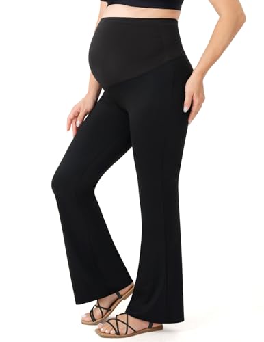 Image of Momcozy Maternity Yoga Pants, Maternity Flare Leggings Over The Belly, Pregnancy Leggings Buttery Soft Triple Wrap Force