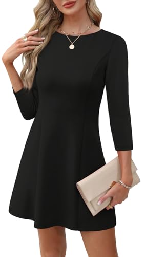 RUMIA Black Dresses for Women Casual 3/4 Sleeve A-Line Boat Neck Mini Dress L