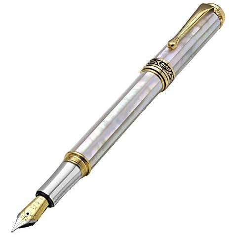 Xezo Maestro Oceanic Origin Iridescent White Mother of Pearl Serialized Fine Fountain Pen. 18k Gold, Platinum Plated. No Two Alike Cover