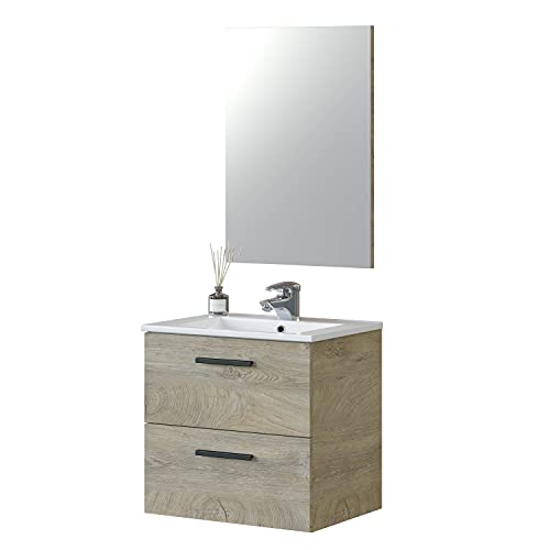 ARKITMOBEL - Mueble de Baño Suspendido 2 Cajones y Espejo, Módulo Lavabo, Color Roble Alaska, 60x57x45 cm - Modelo Aruba (Sin Lavamanos)