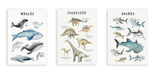 Tableaux muraux dinosaures et baleine : lot de 3 toiles pour chambre enfant