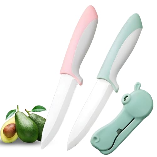 2 pcs 4 inch Ceramic Knife, Sharp Fruit Knife with Hippo Shape Cover, paring Knife, use for Fruit Bread Vegetable and Meat (Green and Pink)