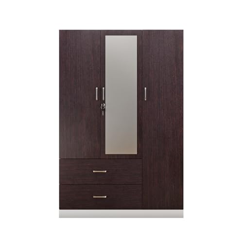 Image of VIKI Wardrobe | Wooden Almirah for Clothes,Door for Bedroom, 3 Door Wardrobe with Drawer, Mirror & Hanging Space (White & Wenge - 40D x 120W x 180H) | 1 Year Warranty | Free Assembly