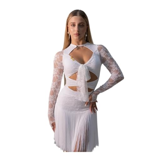 Tenue qualité examen robe de danse latine pour femmes en dentelle blanche S