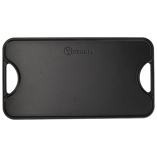 VICTORIA Grillplatte Emailliertes Gusseisen Grillpfanne 47 X 25cm Doppelseitig Verwendbar, für Feuer, Grill, Ofen, Vitrokeramik, Gas, Ohne Schadstoffe und PTFE