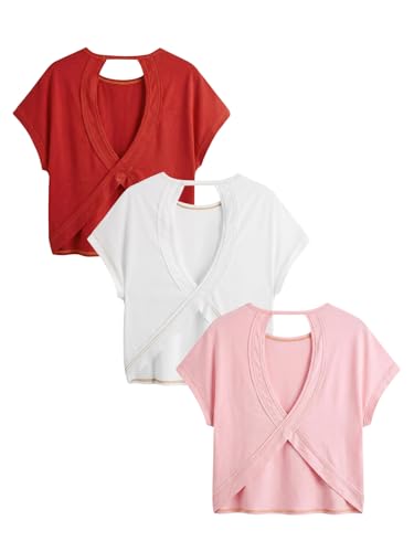 Image of RoseSeek Women's 3 Packs Open Back Tops T Shirt Criss Cross Cut Out Tee Short Sleeve Crewneck Summer Backless Tops