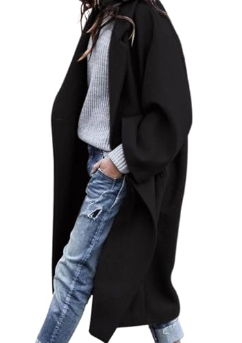 PRETTYGARDEN Womens Winter Coats 2026 Trendy Long Sleeve Notch Lapel Button Long Jackets Casual Oversized Vacation Outfits (Black,Large)