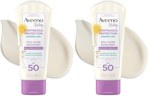 Image of Aveeno Baby Continuous Protection Zinc Oxide Mineral Sunscreen Lotion for Sensitive Skin,Broad Spectrum SPF 50,Tear-Free,Sweat- & Water-Resistant,Paraben-Free,Travel-Size,3 fl. oz,(Pack of 2)