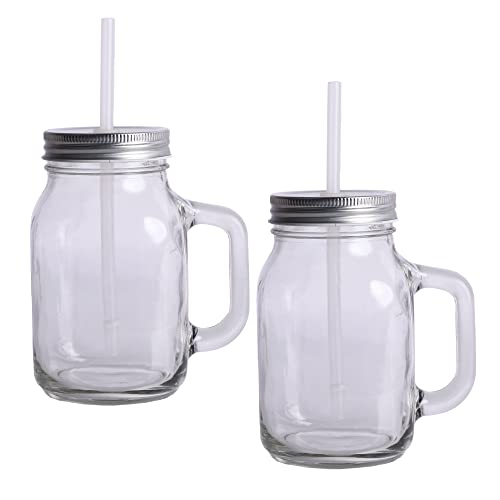 Glass Mason Drinking Jar 20Oz/600Ml With Silver Lid & Straw - Set Of 2 #TOP27