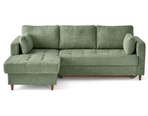 Lisa Design - Anna - canapé d'angle Gauche 4 Places Convertible avec Coffre en Velours texturé, Vert Sauge